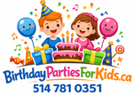 Logo for Birthday Parties For Kids with children, balloons, and cake on a white background.
